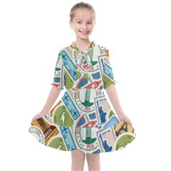 Travel Pattern Immigration Stamps Stickers With Historical Cultural Objects Travelling Visa Immigran Kids  All Frills Chiffon Dress by Bedest