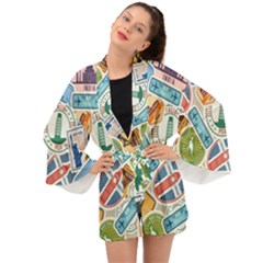 Travel Pattern Immigration Stamps Stickers With Historical Cultural Objects Travelling Visa Immigran Long Sleeve Kimono