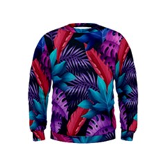 Background With Violet Blue Tropical Leaves Kids  Sweatshirt by Bedest