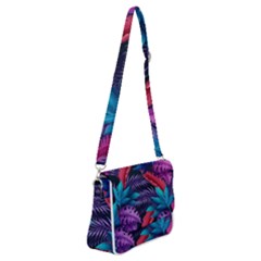 Background With Violet Blue Tropical Leaves Shoulder Bag With Back Zipper by Bedest