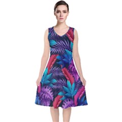 Background With Violet Blue Tropical Leaves V-neck Midi Sleeveless Dress  by Bedest