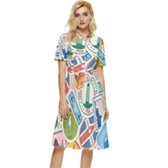 Travel Pattern Immigration Stamps Stickers With Historical Cultural Objects Travelling Visa Immigran Button Top Knee Length Dress by Bedest