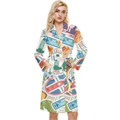 Travel Pattern Immigration Stamps Stickers With Historical Cultural Objects Travelling Visa Immigran Long Sleeve Velvet Robe by Bedest