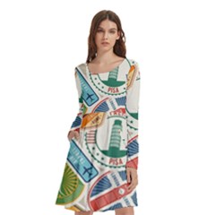 Travel Pattern Immigration Stamps Stickers With Historical Cultural Objects Travelling Visa Immigran Long Sleeve Knee Length Skater Dress With Pockets