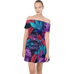 Background With Violet Blue Tropical Leaves Off Shoulder Chiffon Dress by Bedest