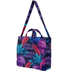 Background With Violet Blue Tropical Leaves Square Shoulder Tote Bag by Bedest