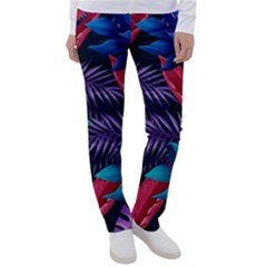 Background With Violet Blue Tropical Leaves Women s Casual Pants