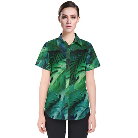 Tropical Green Leaves Background Women s Short Sleeve Shirt by Bedest