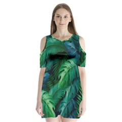 Tropical Green Leaves Background Shoulder Cutout Velvet One Piece