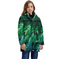 Tropical Green Leaves Background Kids  Hooded Longline Puffer Jacket by Bedest