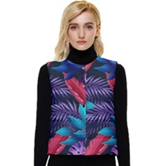 Background With Violet Blue Tropical Leaves Women s Button Up Puffer Vest by Bedest