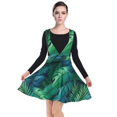 Tropical Green Leaves Background Plunge Pinafore Dress by Bedest