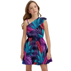 Background With Violet Blue Tropical Leaves Kids  One Shoulder Party Dress