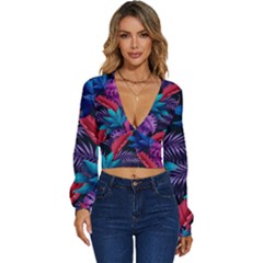 Background With Violet Blue Tropical Leaves Long Sleeve Deep-v Velour Top by Bedest