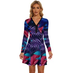 Background With Violet Blue Tropical Leaves Long Sleeve Deep V Mini Dress  by Bedest