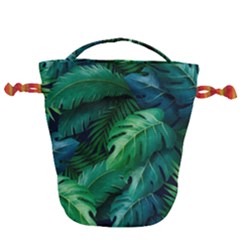 Tropical Green Leaves Background Drawstring Bucket Bag by Bedest