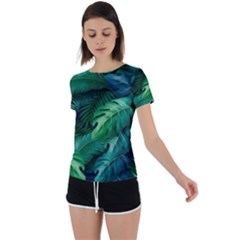 Tropical Green Leaves Background Back Circle Cutout Sports T-shirt by Bedest