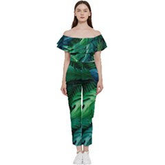 Tropical Green Leaves Background Bardot Ruffle Jumpsuit by Bedest