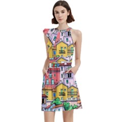 Menton Old Town France Cocktail Party Halter Sleeveless Dress With Pockets by Bedest