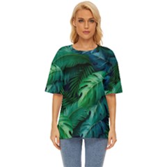 Tropical Green Leaves Background Oversized Basic T-shirt by Bedest