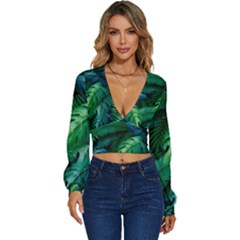 Tropical Green Leaves Background Long Sleeve Deep-v Velour Top by Bedest