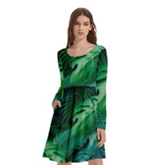 Tropical Green Leaves Background Long Sleeve Knee Length Skater Dress With Pockets