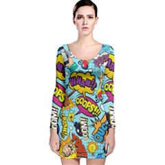 Comic Elements Colorful Seamless Pattern Long Sleeve Velvet Bodycon Dress