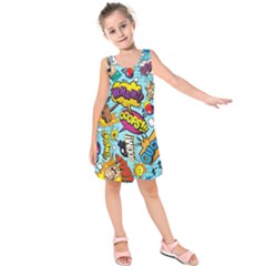 Comic Elements Colorful Seamless Pattern Kids  Sleeveless Dress by Bedest