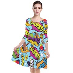 Comic Elements Colorful Seamless Pattern Quarter Sleeve Waist Band Dress by Bedest