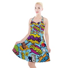 Comic Elements Colorful Seamless Pattern Halter Party Swing Dress  by Bedest