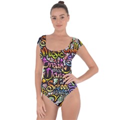 Graffiti Word Seamless Pattern Short Sleeve Leotard  by Bedest