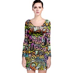 Graffiti Word Seamless Pattern Long Sleeve Velvet Bodycon Dress by Bedest