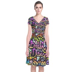 Graffiti Word Seamless Pattern Short Sleeve Front Wrap Dress by Bedest