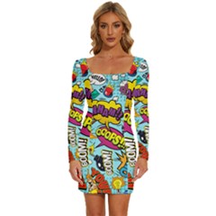 Comic Elements Colorful Seamless Pattern Long Sleeve Square Neck Bodycon Velvet Dress by Bedest