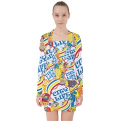 Colorful City Life Horizontal Seamless Pattern Urban City V-neck Bodycon Long Sleeve Dress by Bedest