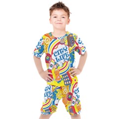 Colorful City Life Horizontal Seamless Pattern Urban City Kids  T-shirt And Shorts Set by Bedest