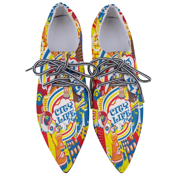 Colorful City Life Horizontal Seamless Pattern Urban City Pointed Oxford Shoes