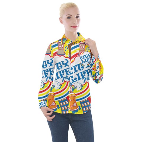 Colorful City Life Horizontal Seamless Pattern Urban City Women s Long Sleeve Pocket Shirt by Bedest