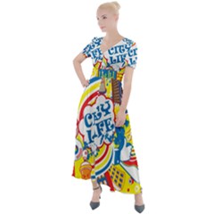 Colorful City Life Horizontal Seamless Pattern Urban City Button Up Short Sleeve Maxi Dress by Bedest