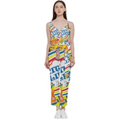 Colorful City Life Horizontal Seamless Pattern Urban City V-neck Camisole Jumpsuit