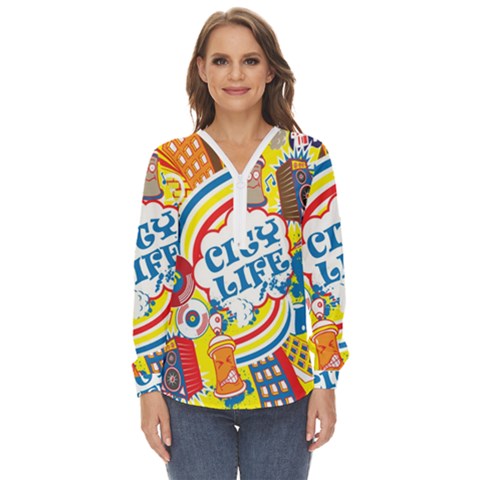 Colorful City Life Horizontal Seamless Pattern Urban City Zip Up Long Sleeve Blouse by Bedest