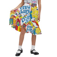 Colorful City Life Horizontal Seamless Pattern Urban City Kids  Ruffle Flared Wrap Midi Skirt by Bedest