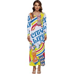 Colorful City Life Horizontal Seamless Pattern Urban City Long Sleeve Longline Maxi Dress by Bedest