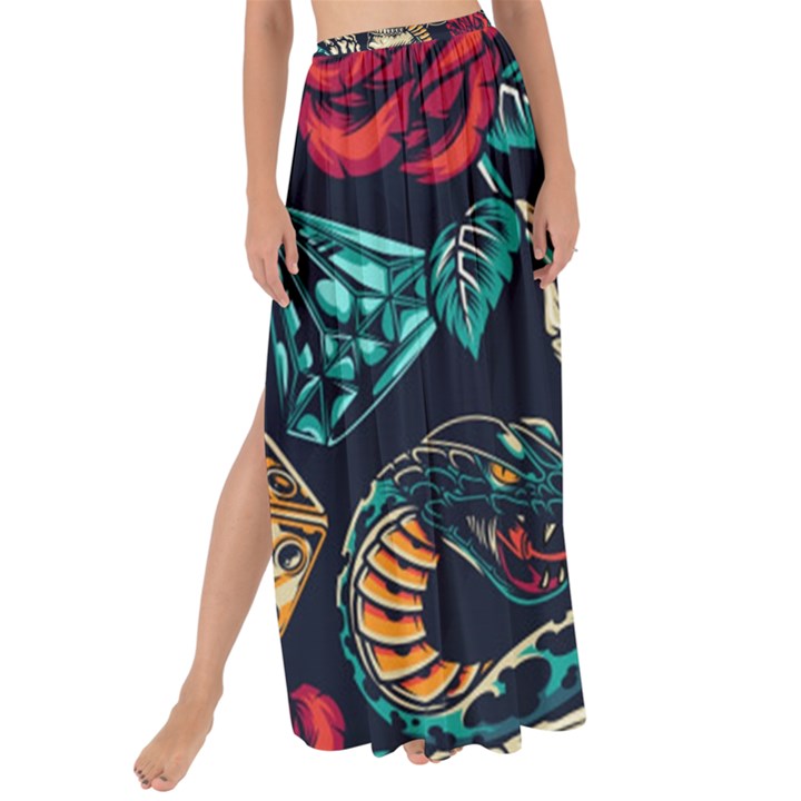 Vintage Art Tattoos Colorful Seamless Pattern Maxi Chiffon Tie-Up Sarong