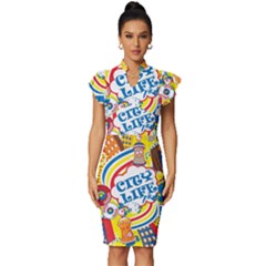 Colorful City Life Horizontal Seamless Pattern Urban City Vintage Frill Sleeve V-neck Bodycon Dress by Bedest