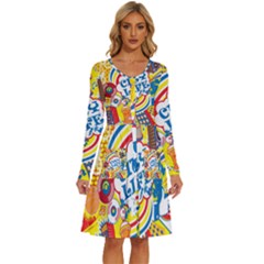 Colorful City Life Horizontal Seamless Pattern Urban City Long Sleeve Dress With Pocket by Bedest