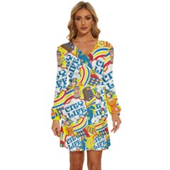 Colorful City Life Horizontal Seamless Pattern Urban City Long Sleeve Waist Tie Ruffle Velvet Dress by Bedest