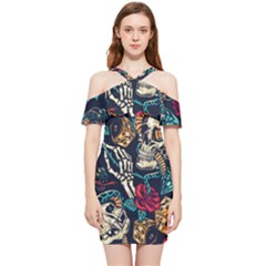 Vintage Art Tattoos Colorful Seamless Pattern Shoulder Frill Bodycon Summer Dress by Bedest