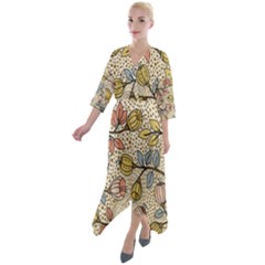 Seamless Pattern With Flower Bird Quarter Sleeve Wrap Front Maxi Dress