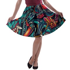 Vintage Tattoos Colorful Seamless Pattern A-line Skater Skirt by Bedest